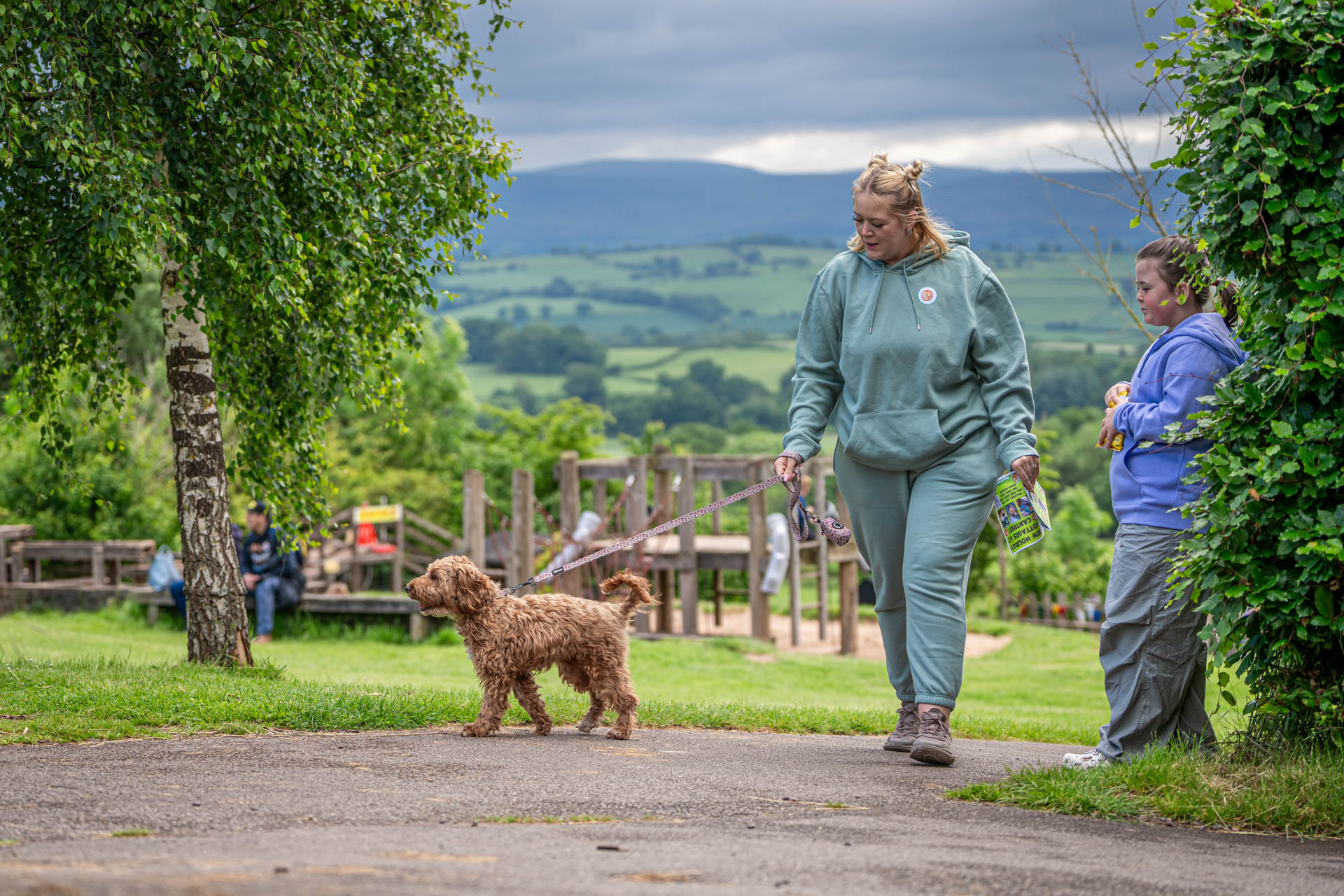 An image of a with it's owner walking inside Cantref Adventure Farm, with the stunning Brecon view in the background.