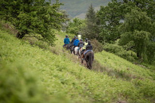 An image of a line of single file horse riders heading of into the distance, greenery surrounding them.