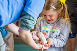 An image of a girl smiling as a gerbil scurries across her hand.