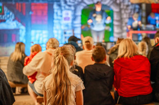 An image of a seated crowd gathered in front of a stage, with a woman delivering a show about bottle feeding lambs.
