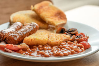 A close up image of a full English breakfast.